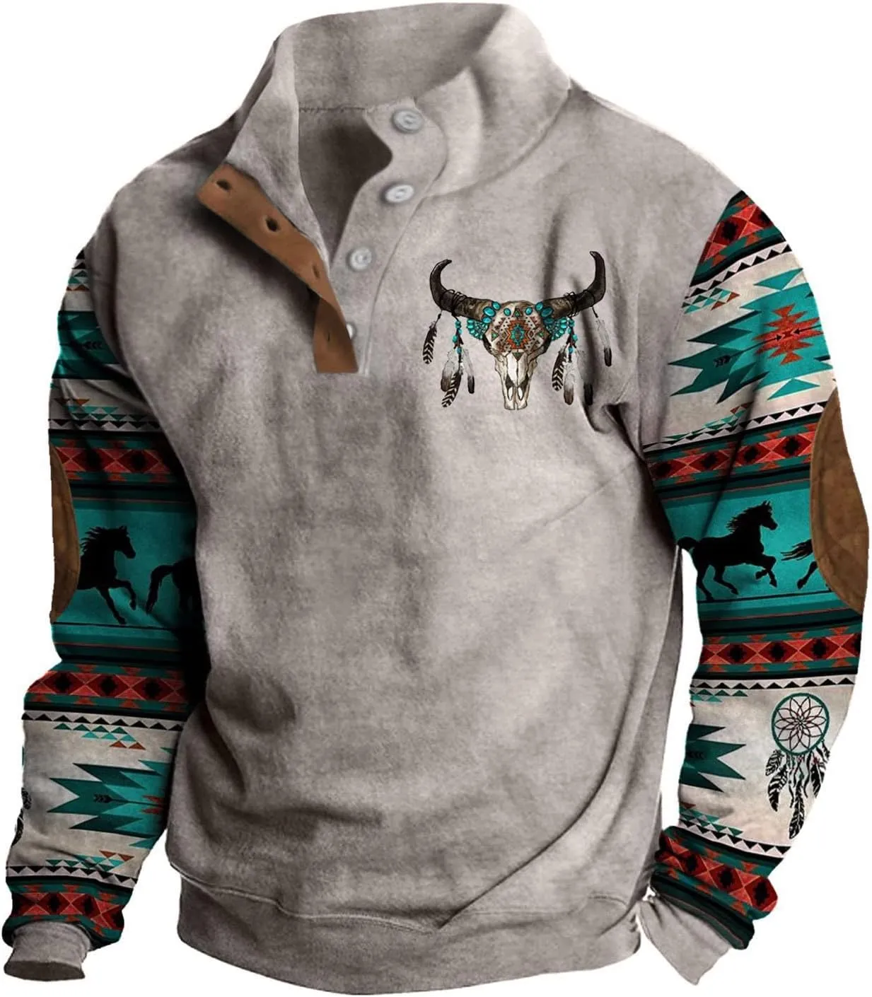 RTTUIOP Jackets for Men Western Aztec Ethnic Print Vintage Top Long Sleeve Shirt Stand Collar Button Down Pullover Coat