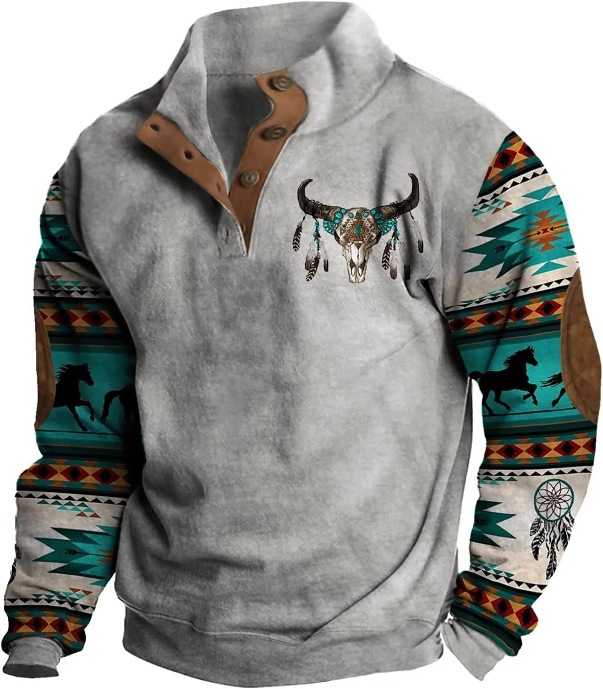 RTTUIOP Jackets for Men Western Aztec Ethnic Print Vintage Top Long Sleeve Shirt Stand Collar Button Down Pullover Coat