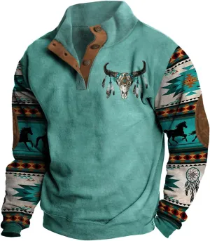 RTTUIOP Jackets for Men Western Aztec Ethnic Print Vintage Top Long Sleeve Shirt Stand Collar Button Down Pullover Coat