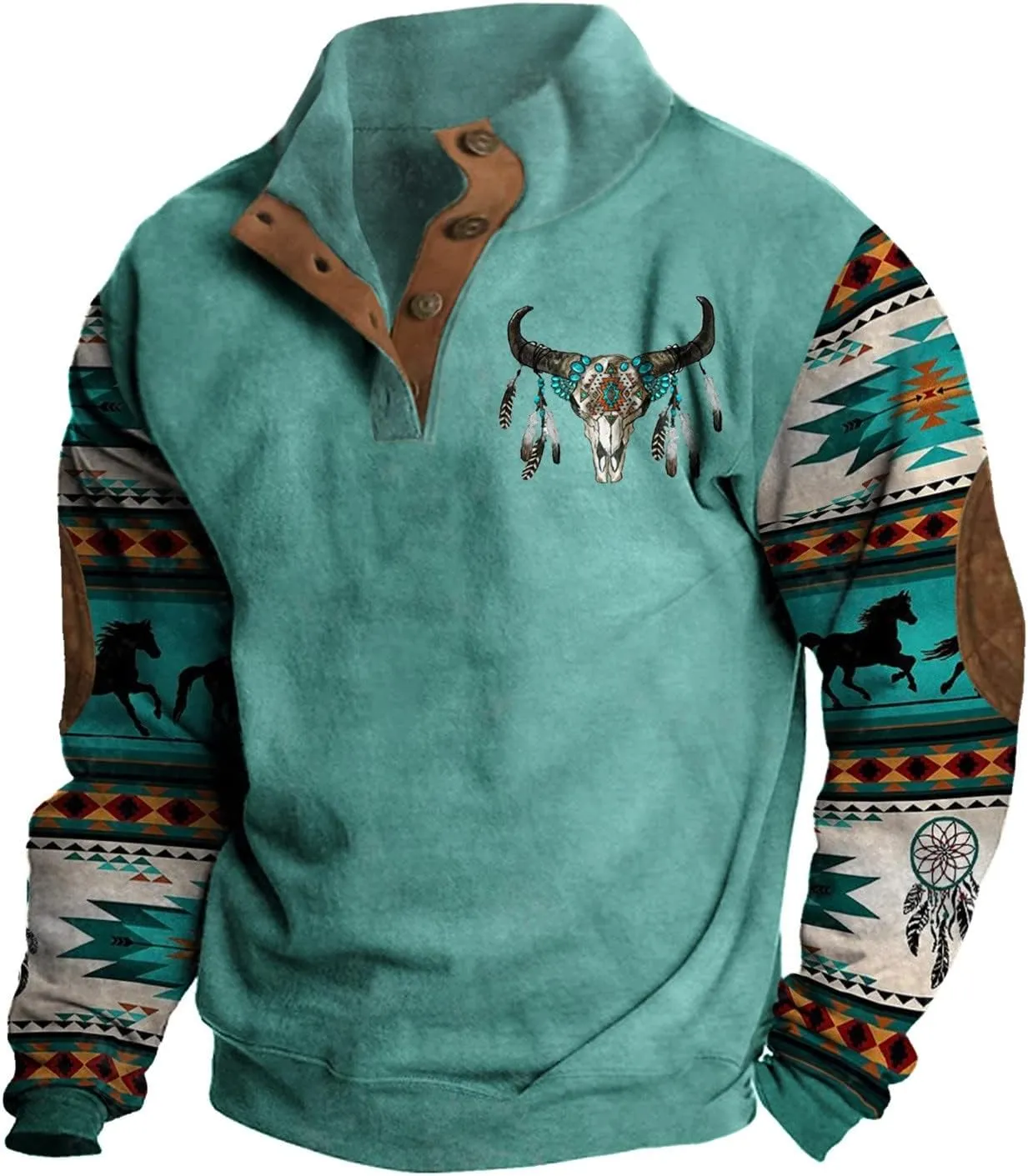 RTTUIOP Jackets for Men Western Aztec Ethnic Print Vintage Top Long Sleeve Shirt Stand Collar Button Down Pullover Coat