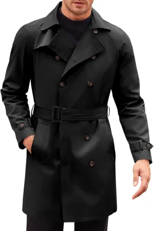 Runcati Mens Trench Coat Double Breasted Mid Long Jacket Casual Belted Overcoat Notched Lapel Windbreaker