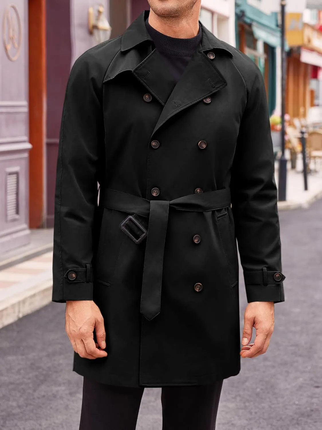 Runcati Mens Trench Coat Double Breasted Mid Long Jacket Casual Belted Overcoat Notched Lapel Windbreaker