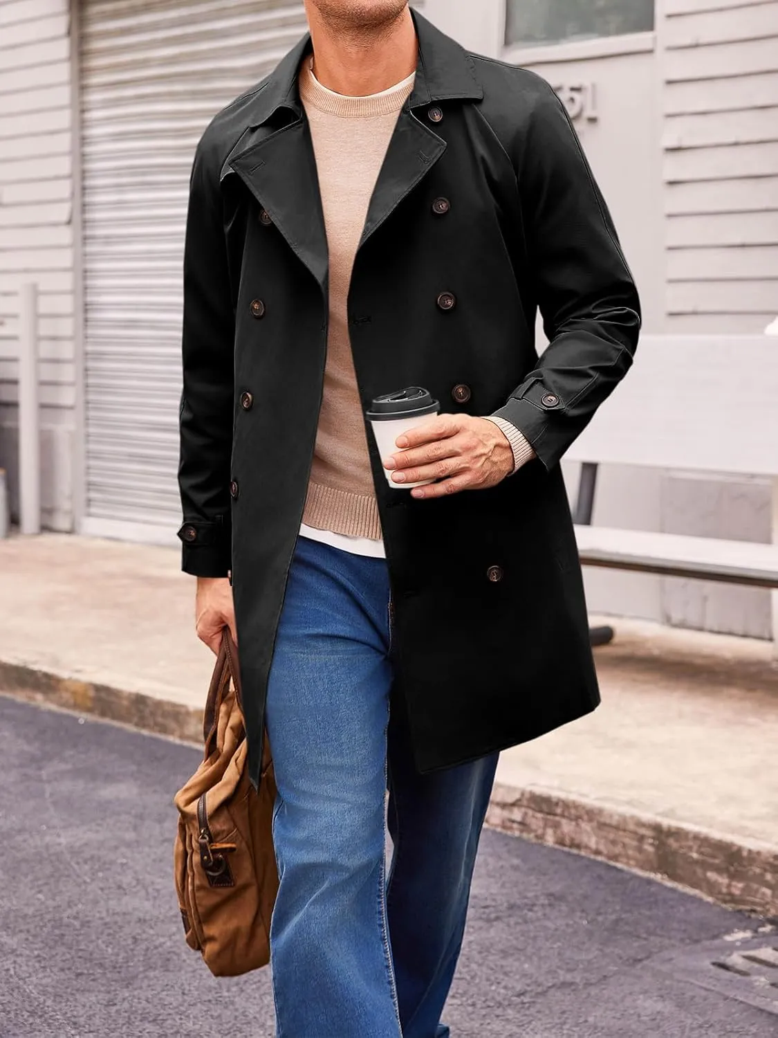 Runcati Mens Trench Coat Double Breasted Mid Long Jacket Casual Belted Overcoat Notched Lapel Windbreaker