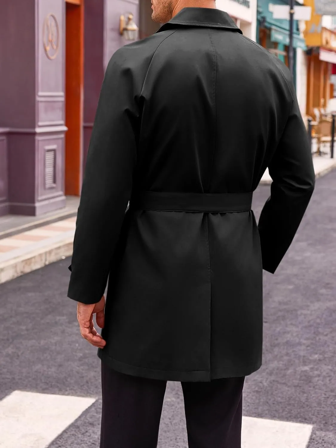 Runcati Mens Trench Coat Double Breasted Mid Long Jacket Casual Belted Overcoat Notched Lapel Windbreaker