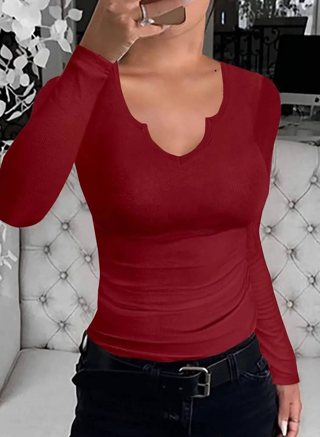 SANDERY Long/Short Sleeve Shirts for Women Basic Casual V Neck Tops Ribbed Slim Fitted Blouse