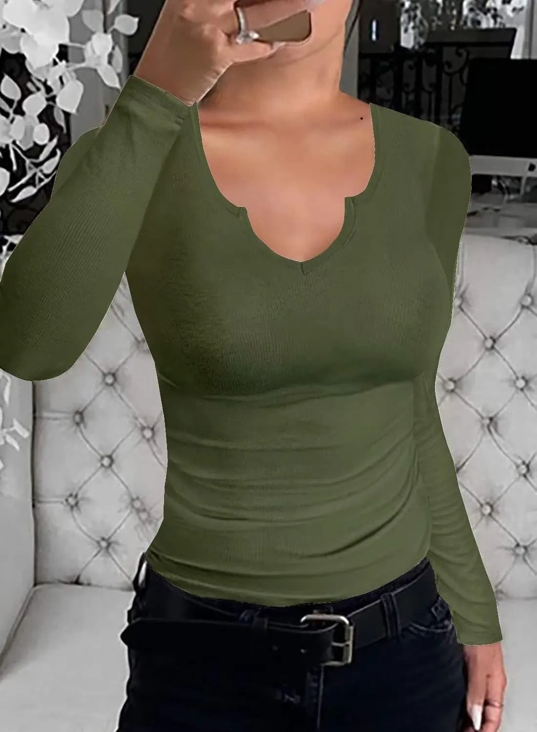 SANDERY Long/Short Sleeve Shirts for Women Basic Casual V Neck Tops Ribbed Slim Fitted Blouse