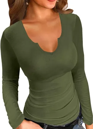 SANDERY Long/Short Sleeve Shirts for Women Basic Casual V Neck Tops Ribbed Slim Fitted Blouse