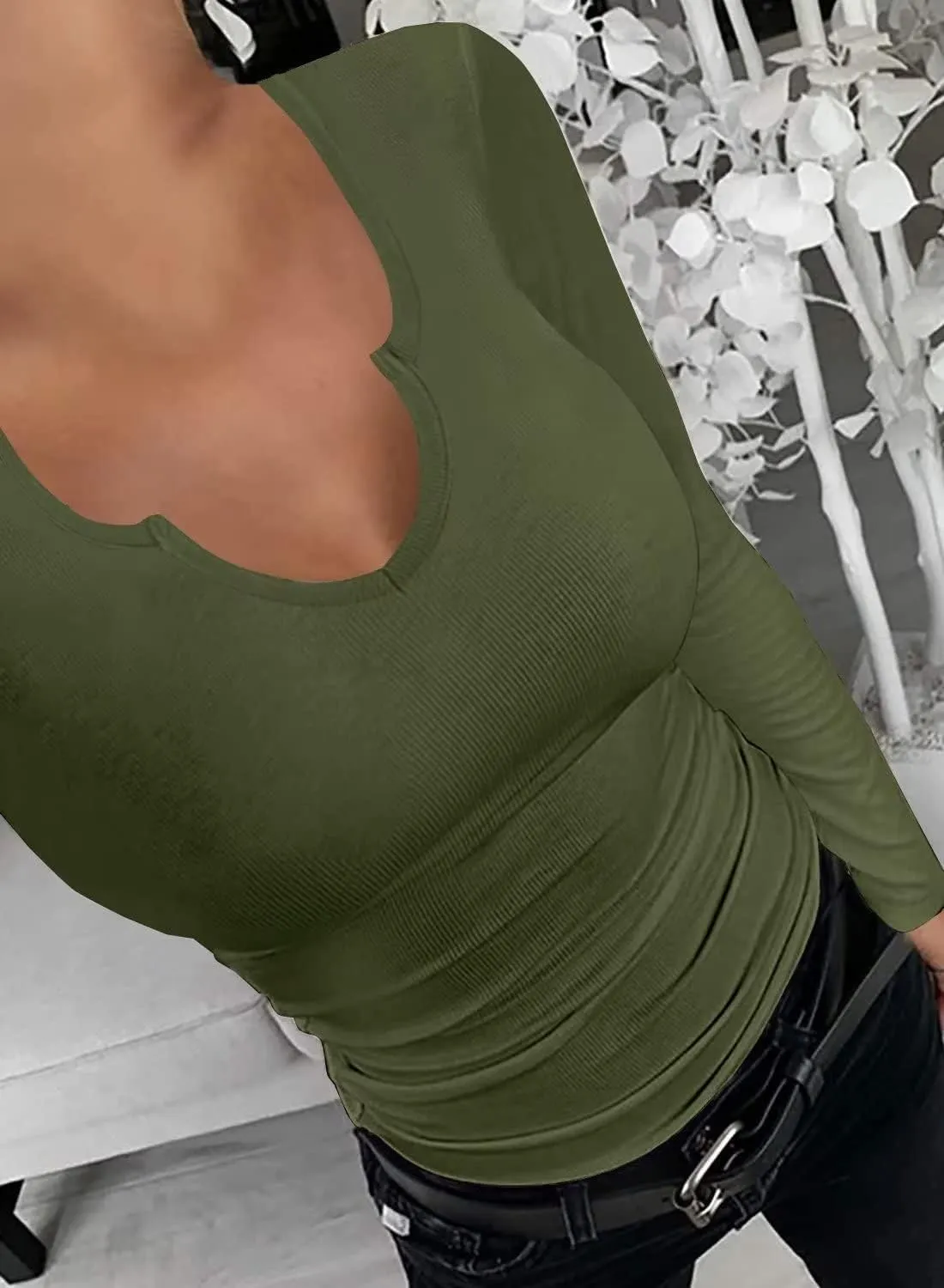 SANDERY Long/Short Sleeve Shirts for Women Basic Casual V Neck Tops Ribbed Slim Fitted Blouse