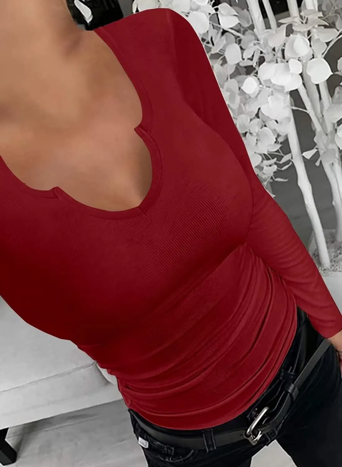SANDERY Long/Short Sleeve Shirts for Women Basic Casual V Neck Tops Ribbed Slim Fitted Blouse