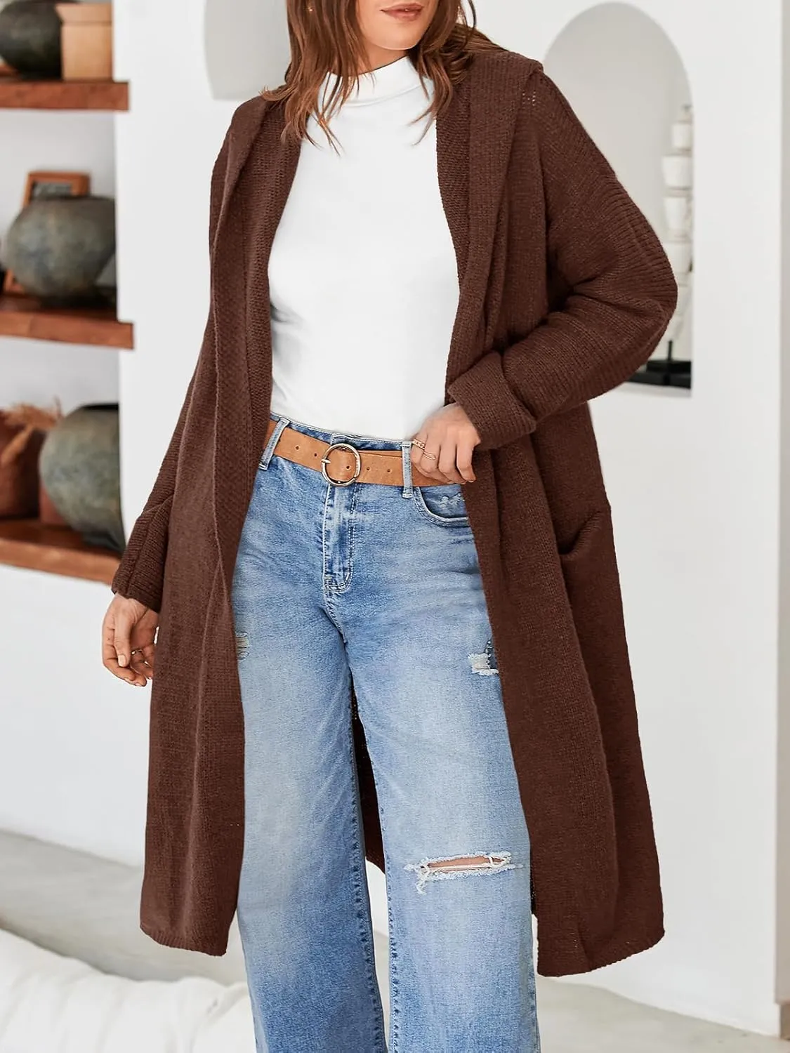Saodimallsu Womens Oversized Long Cardigan Hooded Chunky Knit Open Front Sweaters with Pockets