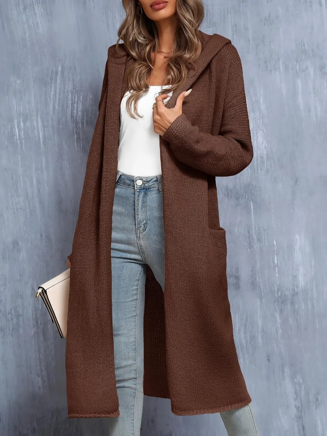Saodimallsu Womens Oversized Long Cardigan Hooded Chunky Knit Open Front Sweaters with Pockets