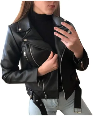 SERYU Womens Slim Tailoring Faux Leather PU Short Jacket Coat Moto Biker Jacket