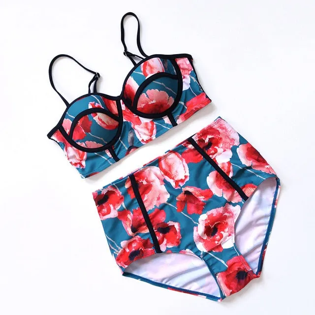 Sexy Floral Bandeau Push Up High Waist Bikini Set
