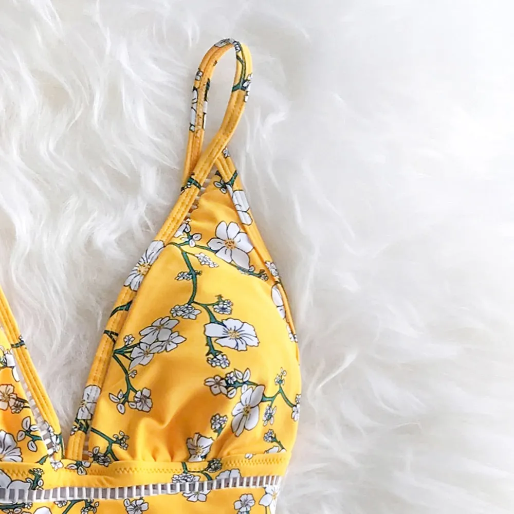Sexy Yellow Pear Blossom Floral Print Swimsuit