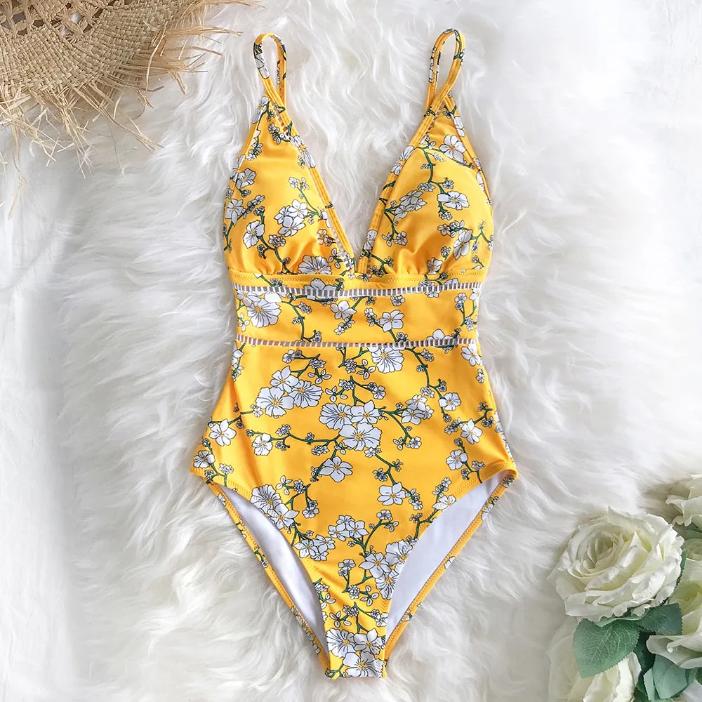 Sexy Yellow Pear Blossom Floral Print Swimsuit