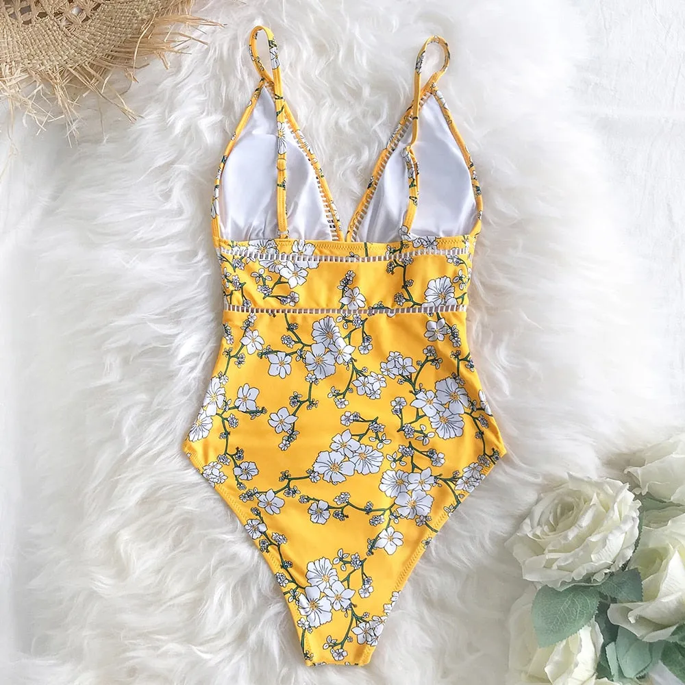 Sexy Yellow Pear Blossom Floral Print Swimsuit
