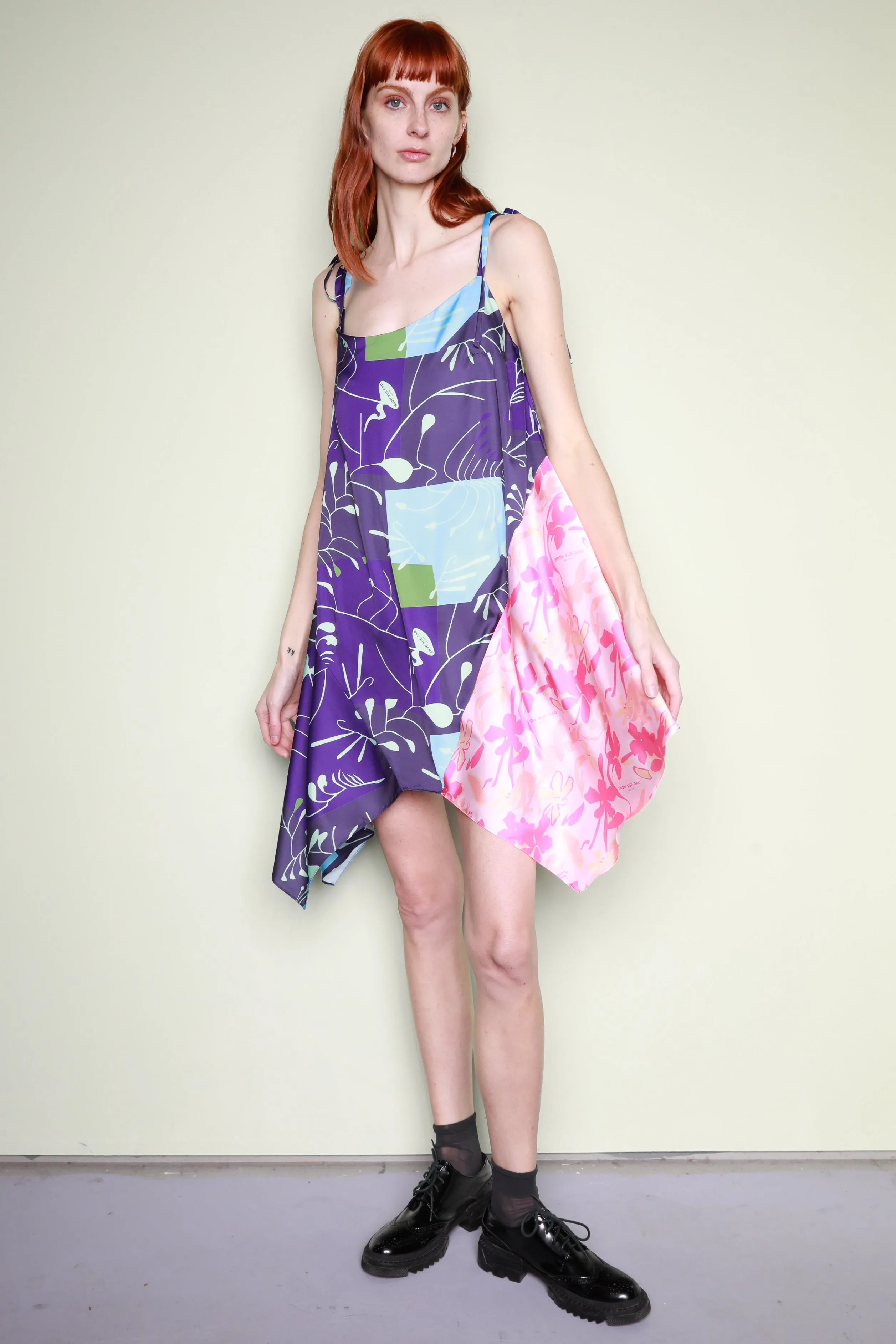 Silk Printed Blue Pink Abstract A-Line Dress