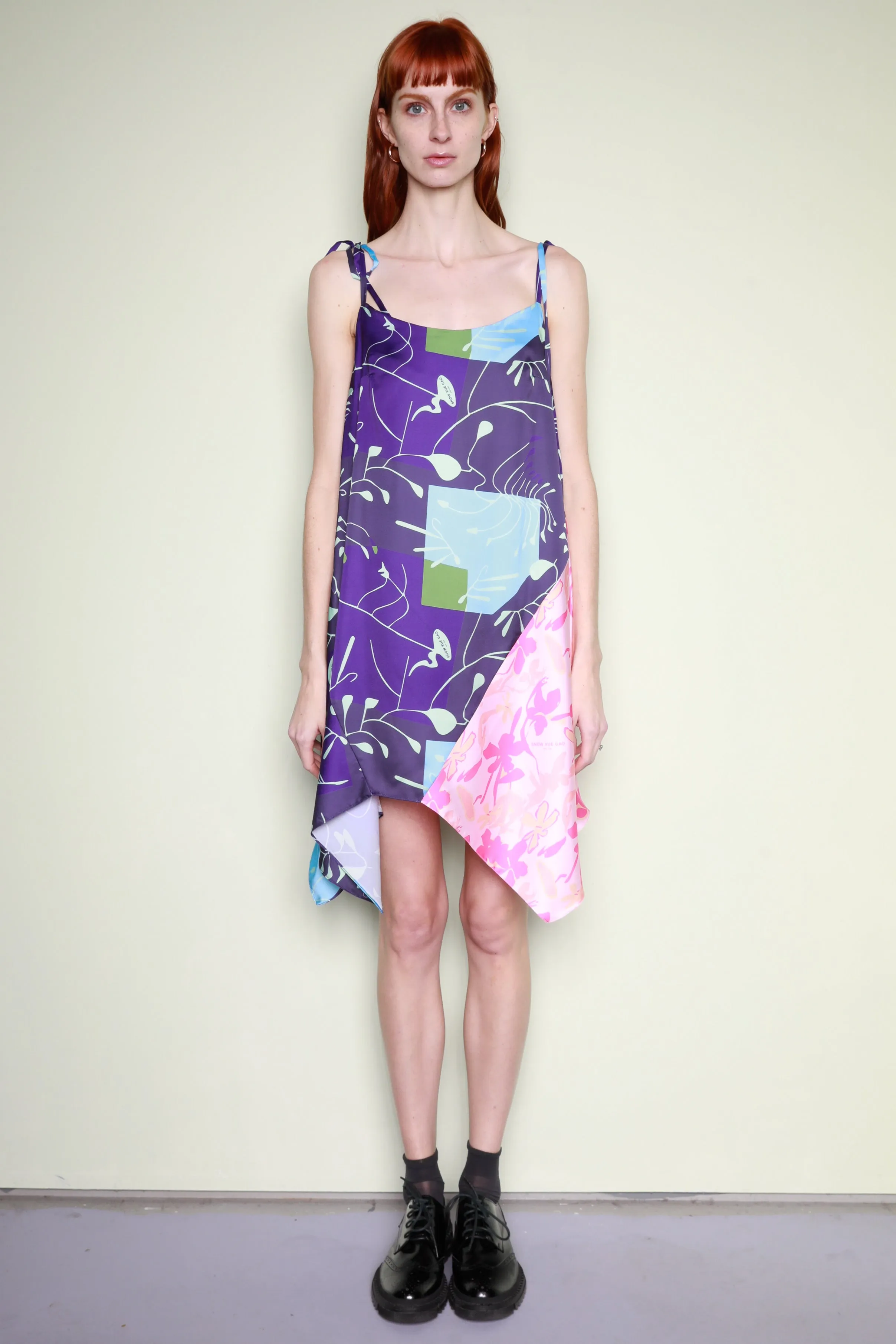 Silk Printed Blue Pink Abstract A-Line Dress