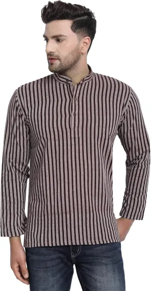 SKAVIJ Men's Handloom Cotton Solid Kurta Mandarin Collar Straight Regular Henley Shirt