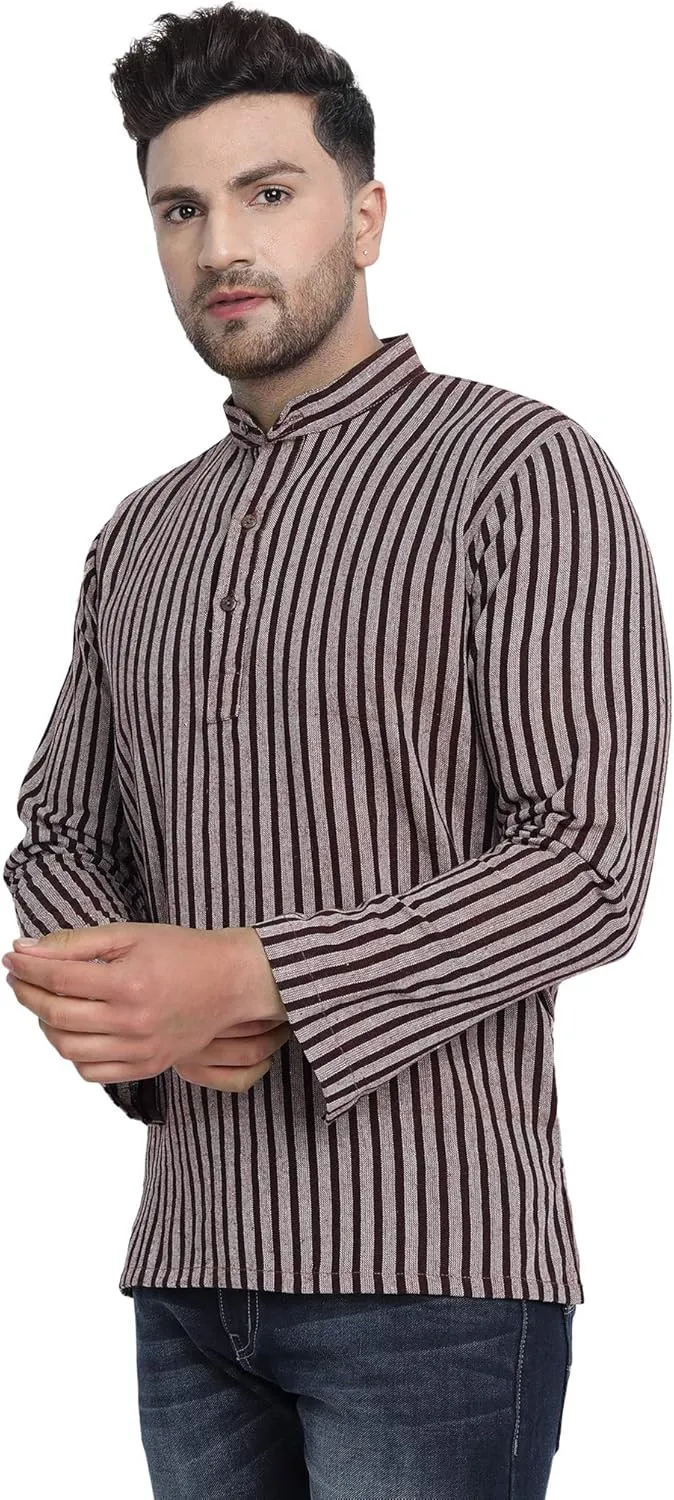 SKAVIJ Men's Handloom Cotton Solid Kurta Mandarin Collar Straight Regular Henley Shirt