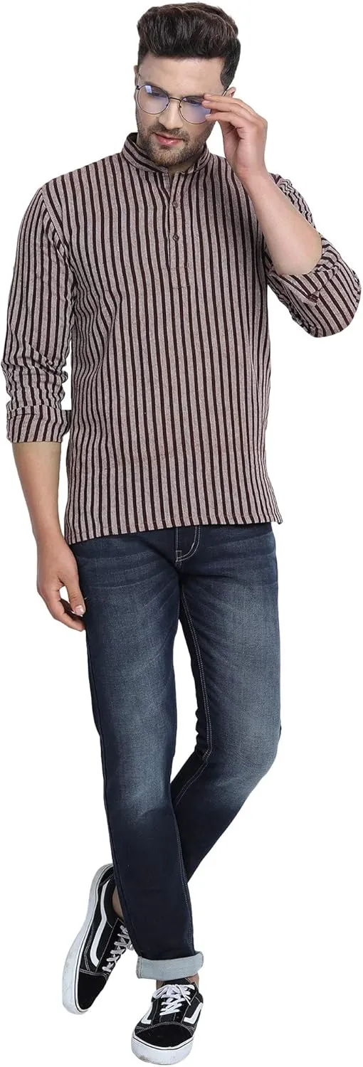 SKAVIJ Men's Handloom Cotton Solid Kurta Mandarin Collar Straight Regular Henley Shirt