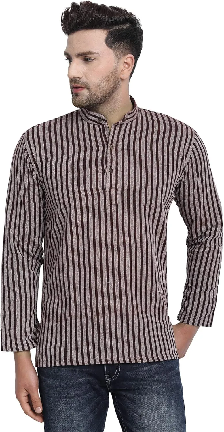 SKAVIJ Men's Handloom Cotton Solid Kurta Mandarin Collar Straight Regular Henley Shirt