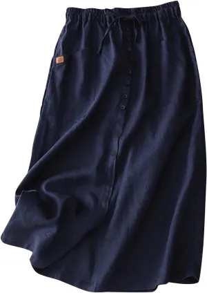 Solid Skirts for Women Cotton Linen Midi Elastic Band Pleated Skirt Womens Flowy Skirts Versatile Style Comfortable