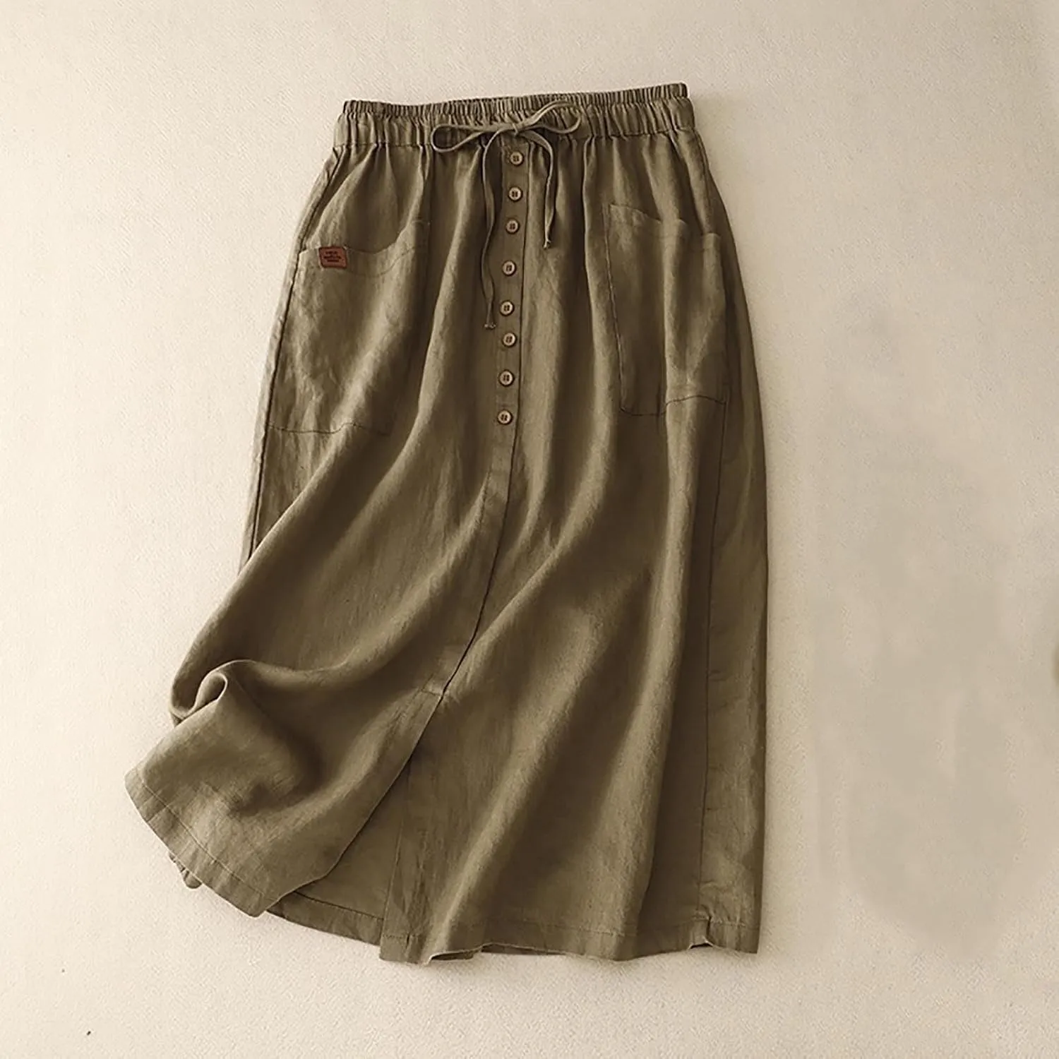 Solid Skirts for Women Cotton Linen Midi Elastic Band Pleated Skirt Womens Flowy Skirts Versatile Style Comfortable