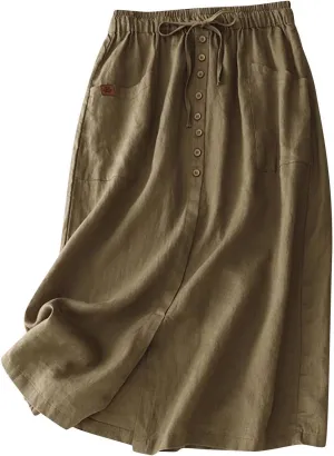 Solid Skirts for Women Cotton Linen Midi Elastic Band Pleated Skirt Womens Flowy Skirts Versatile Style Comfortable