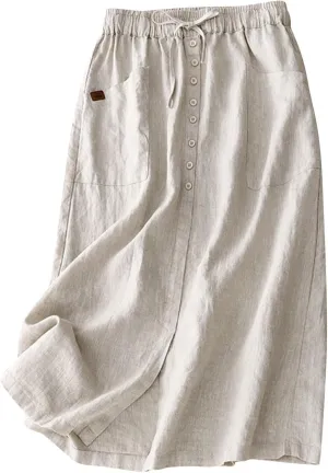 Solid Skirts for Women Cotton Linen Midi Elastic Band Pleated Skirt Womens Flowy Skirts Versatile Style Comfortable