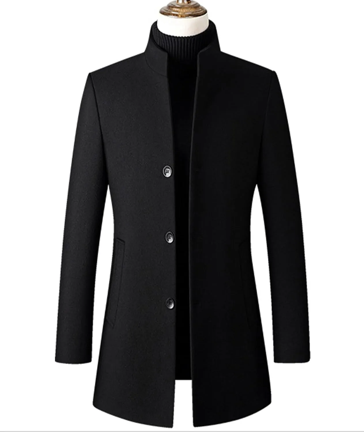 SOMTHRON Men's Trench Coat Wool Blend Slim Fit Top Coat Single Breasted Business Overcoat