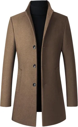 SOMTHRON Men's Trench Coat Wool Blend Slim Fit Top Coat Single Breasted Business Overcoat