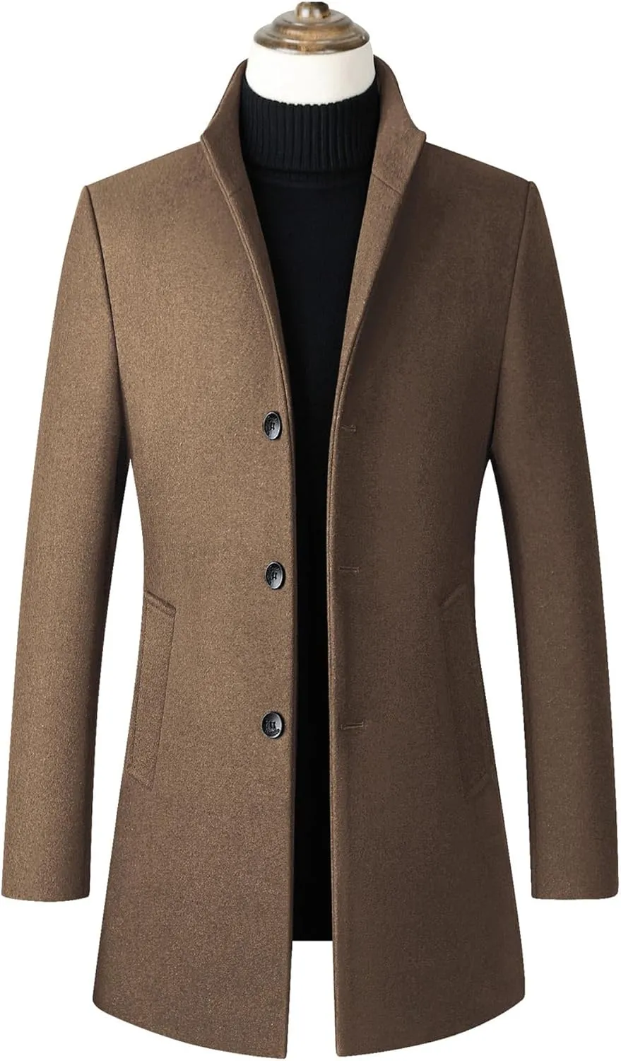 SOMTHRON Men's Trench Coat Wool Blend Slim Fit Top Coat Single Breasted Business Overcoat