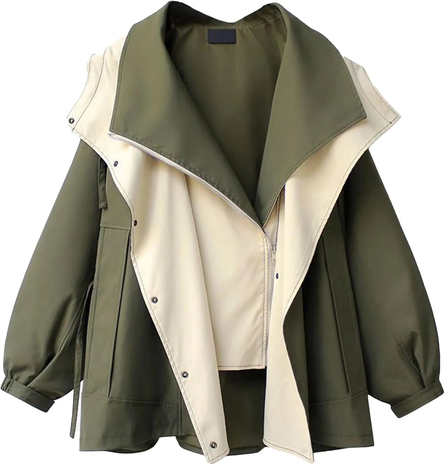 SOMTHRON Women's Hooded Trench Coat Lightweight Lapel Button Down Jacket Color Block Mid-Length Windbreaker