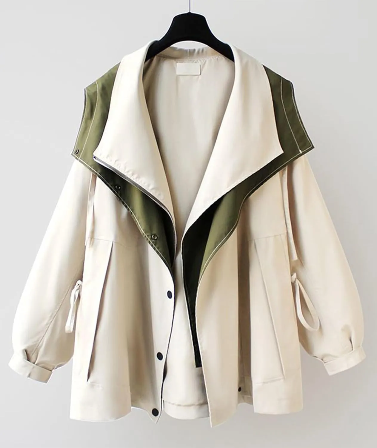 SOMTHRON Women's Hooded Trench Coat Lightweight Lapel Button Down Jacket Color Block Mid-Length Windbreaker