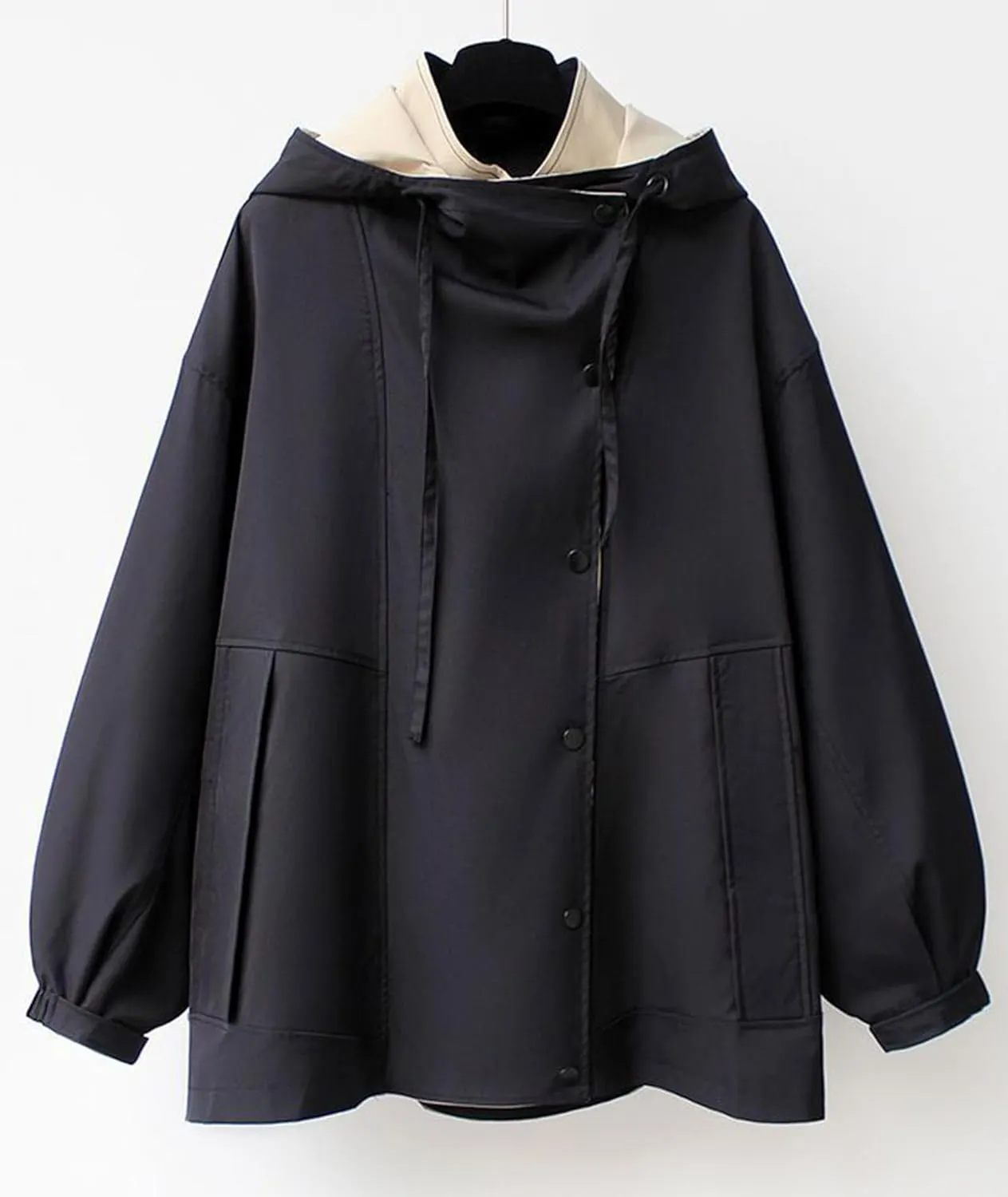 SOMTHRON Women's Hooded Trench Coat Lightweight Lapel Button Down Jacket Color Block Mid-Length Windbreaker