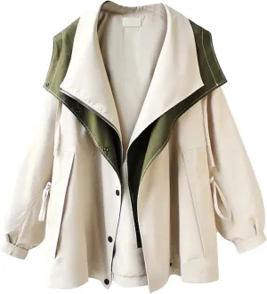 SOMTHRON Women's Hooded Trench Coat Lightweight Lapel Button Down Jacket Color Block Mid-Length Windbreaker