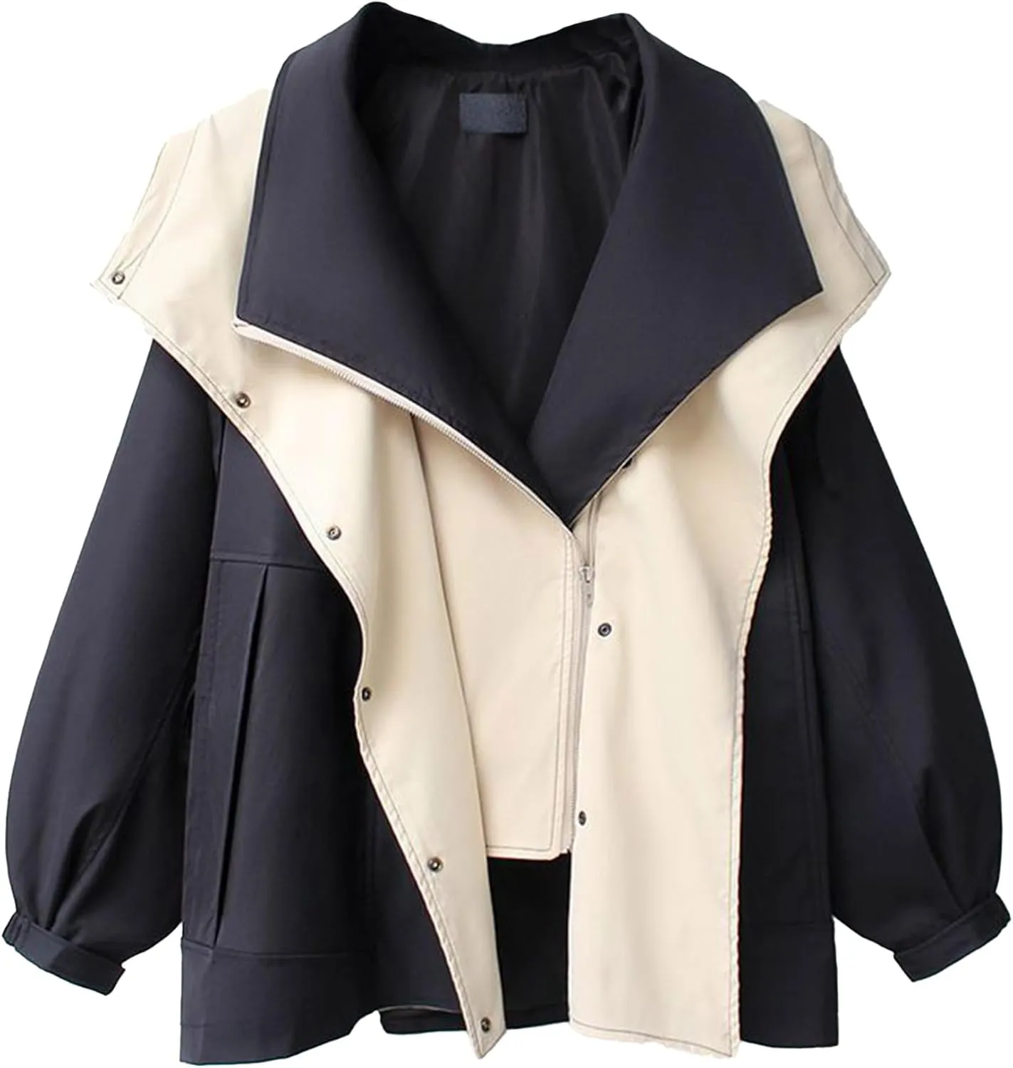 SOMTHRON Women's Hooded Trench Coat Lightweight Lapel Button Down Jacket Color Block Mid-Length Windbreaker