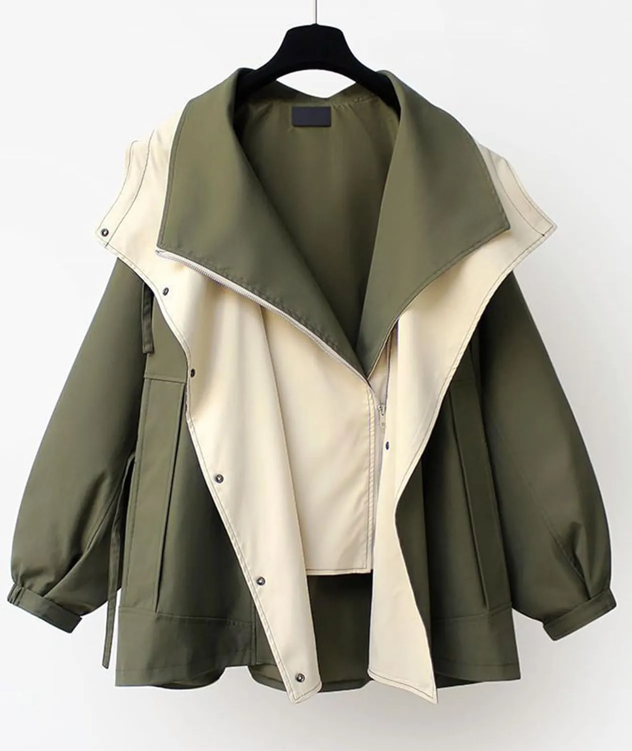 SOMTHRON Women's Hooded Trench Coat Lightweight Lapel Button Down Jacket Color Block Mid-Length Windbreaker