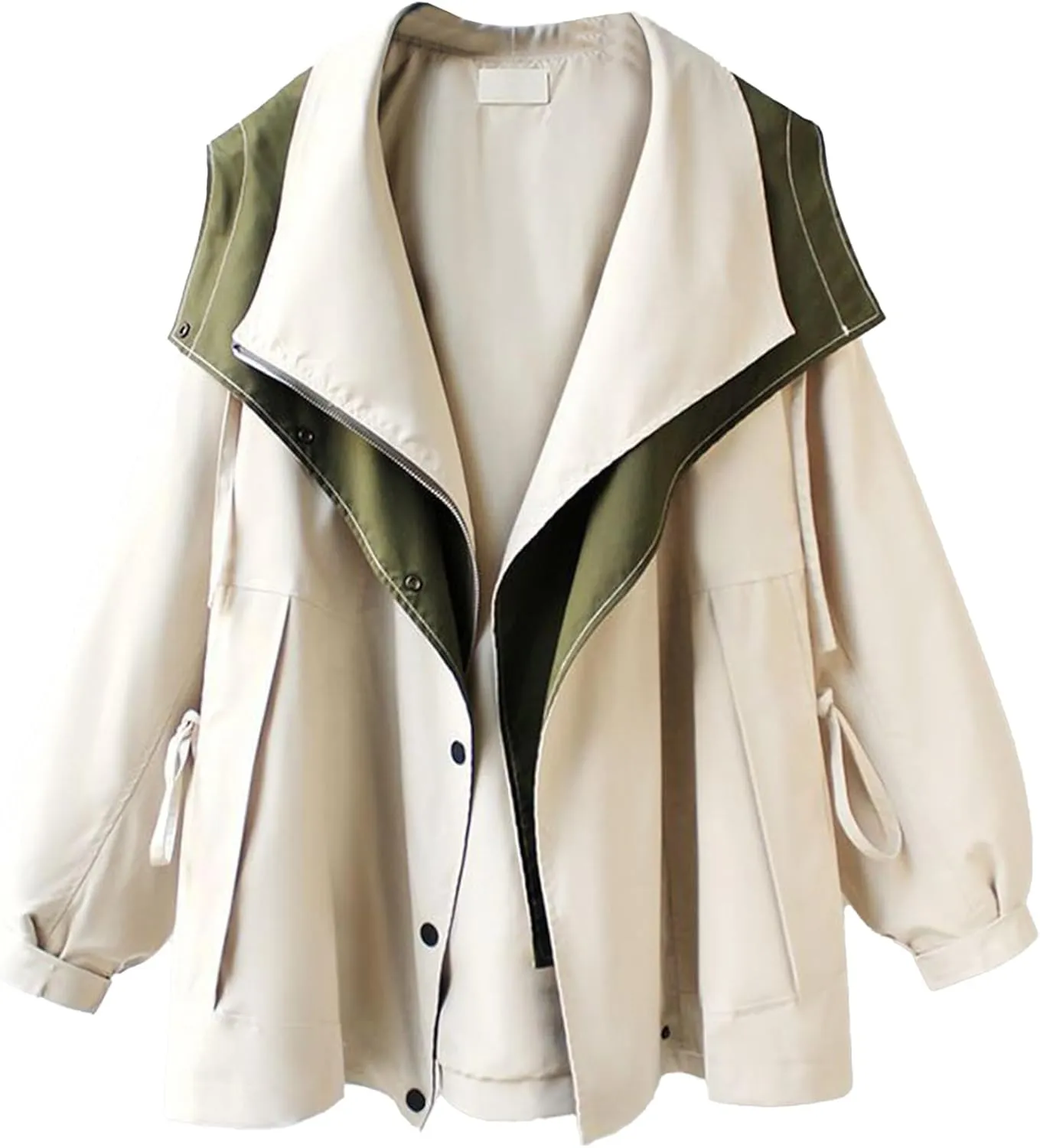 SOMTHRON Women's Hooded Trench Coat Lightweight Lapel Button Down Jacket Color Block Mid-Length Windbreaker