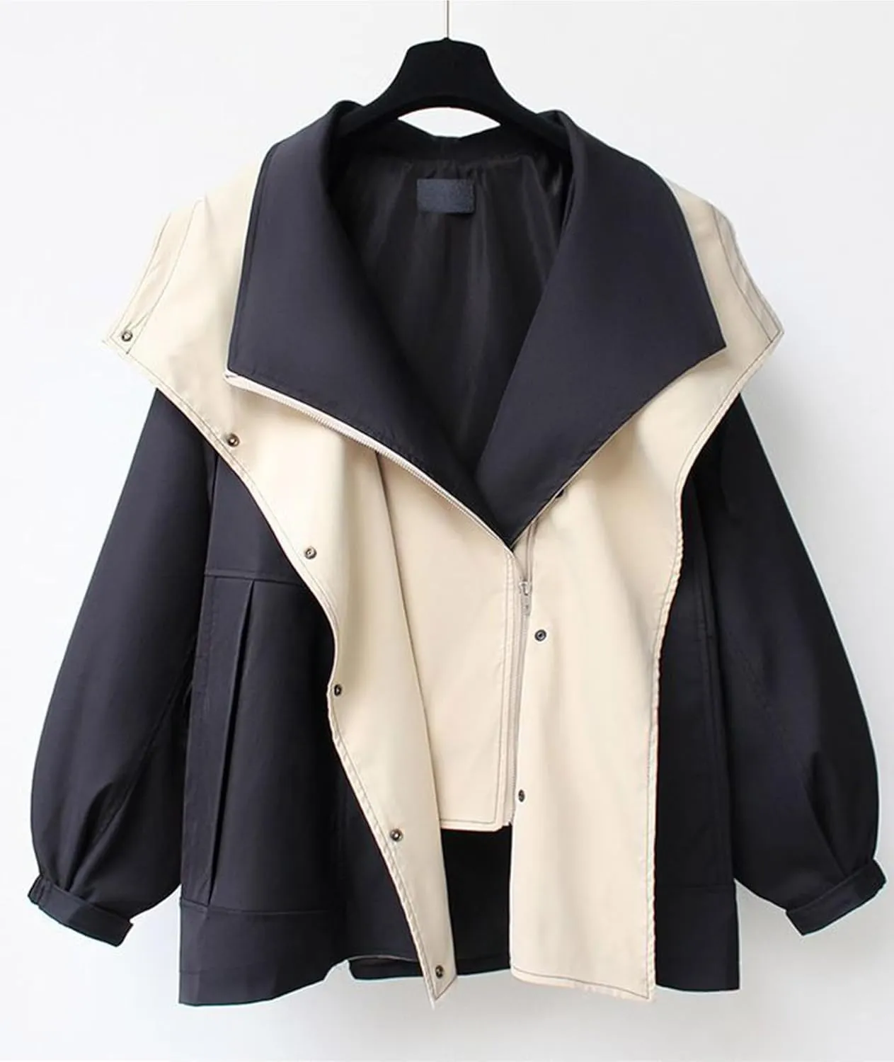SOMTHRON Women's Hooded Trench Coat Lightweight Lapel Button Down Jacket Color Block Mid-Length Windbreaker