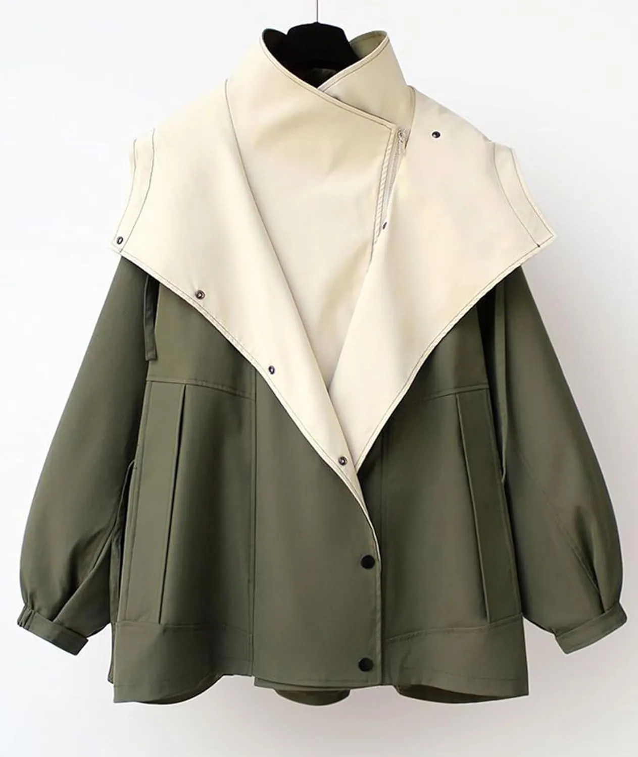 SOMTHRON Women's Hooded Trench Coat Lightweight Lapel Button Down Jacket Color Block Mid-Length Windbreaker