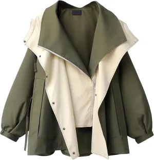 SOMTHRON Women's Hooded Trench Coat Lightweight Lapel Button Down Jacket Color Block Mid-Length Windbreaker