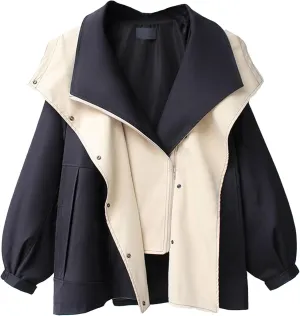 SOMTHRON Women's Hooded Trench Coat Lightweight Lapel Button Down Jacket Color Block Mid-Length Windbreaker
