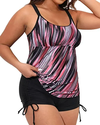 Sporty Athletic Swim Boy Short Two Piece Plus Size Bathing Suit For Women-Pink Stripe
