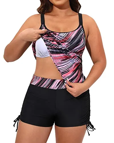 Sporty Athletic Swim Boy Short Two Piece Plus Size Bathing Suit For Women-Pink Stripe
