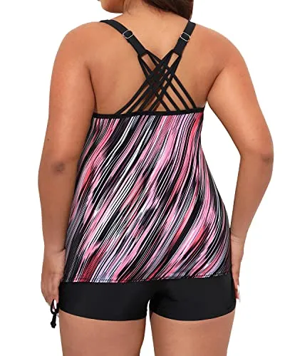 Sporty Athletic Swim Boy Short Two Piece Plus Size Bathing Suit For Women-Pink Stripe