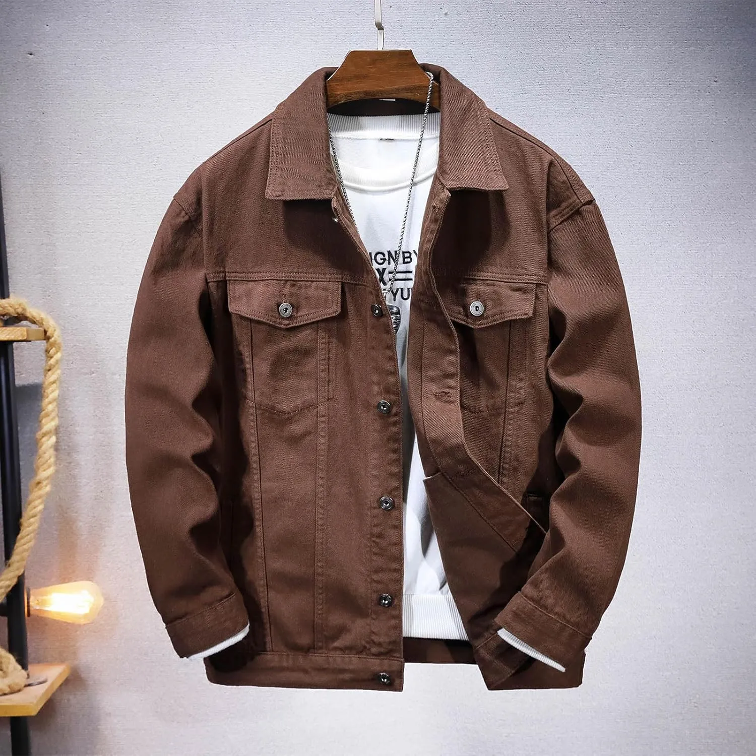 Spring Summer Fashion Jean Jacket for Men Lightweight Distressed Multi-Pocket Denim Coats Classic Lapel Cotton Jacket