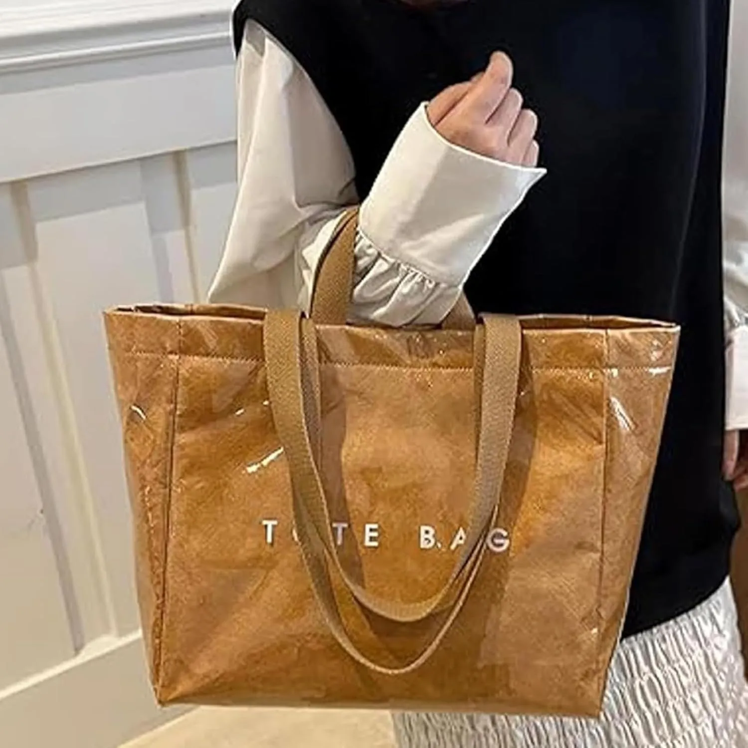 Stellaya PVC Tote Bag, Stellaya Womens Letters Print Tote Bag, Large Kraft Paper Bag