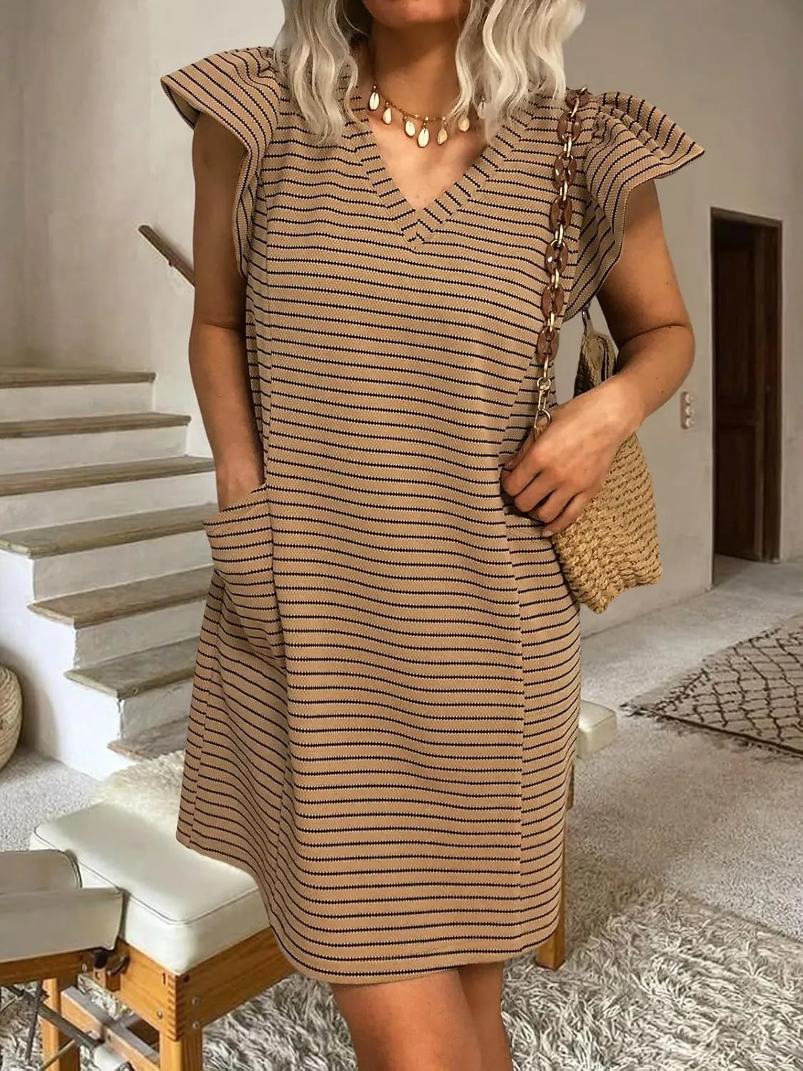 Striped V-Neck Mini Dress for Women Puff Sleeve Casual Dress with Pockets, Comfortable & Stylish for Summer
